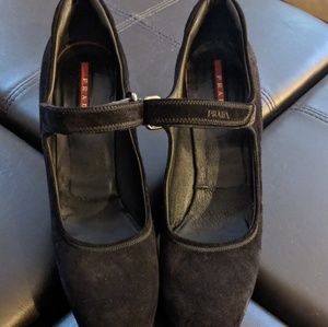 Prada 8 1/2 black suede wedge platforms women